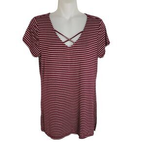 Pink Rose Women T Shirt Size Small Red Striped Short Sleeve V-Neck Rayon Stretch